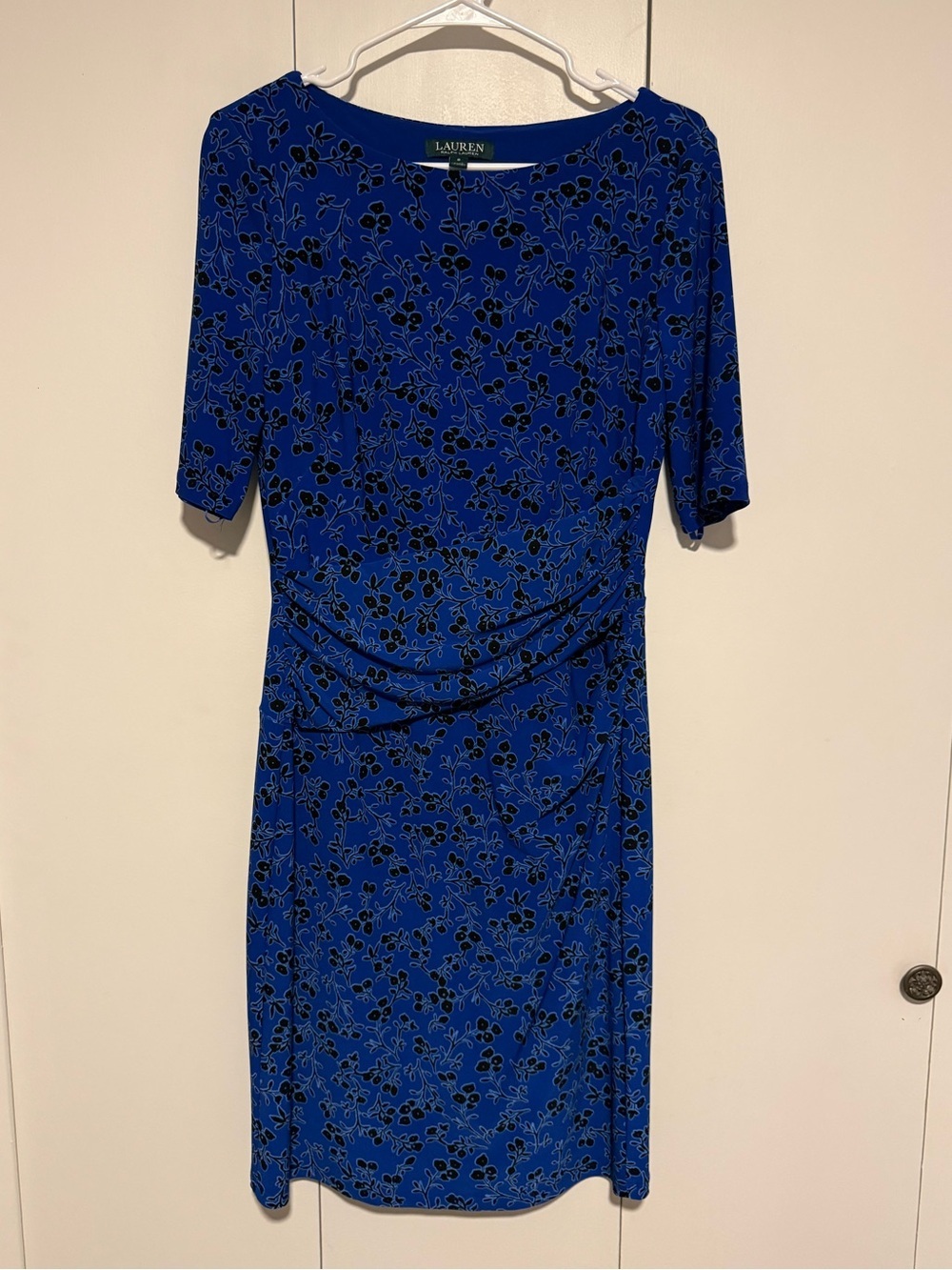 Ralph Lauren Blue Ocean Flower Print Sheath Dress Wrap 3/4 Sleeve SZ 8